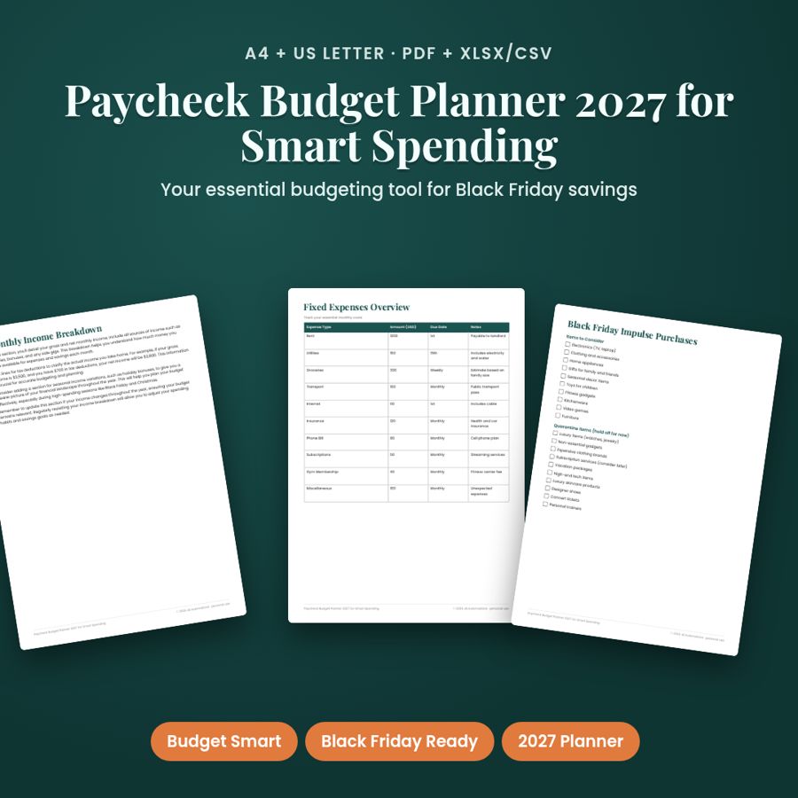 Paycheck Budget Planner 2027 | PDF + Excel Template for Smart Spending