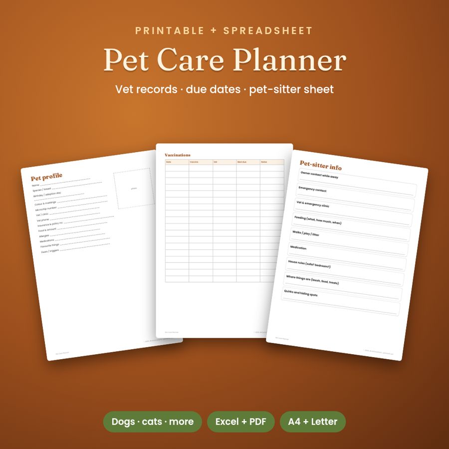 Pet Care Planner & Vet Record Tracker | Printable PDF + Spreadsheet