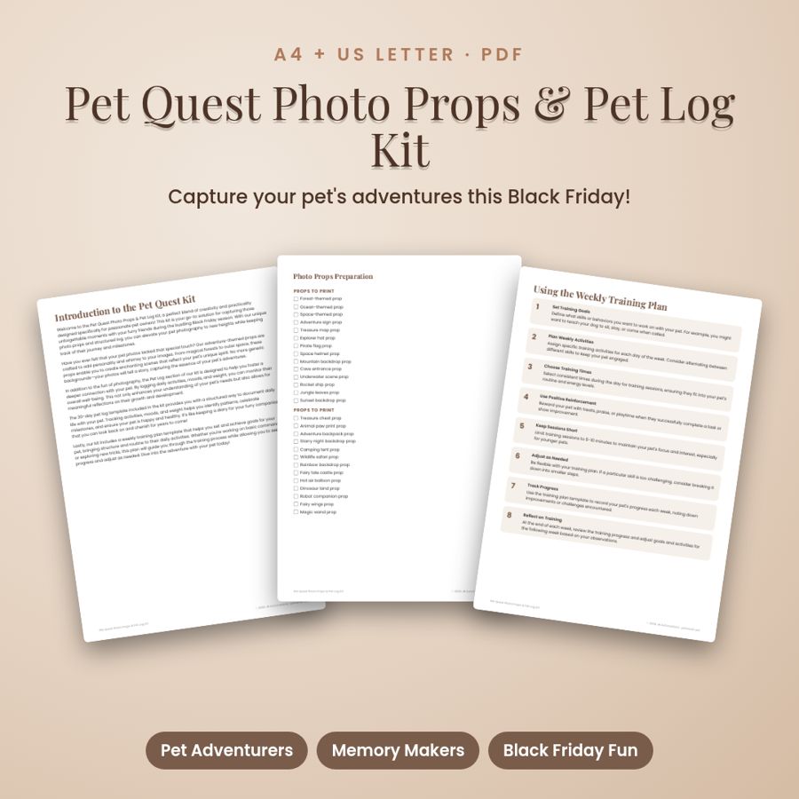 Pet Quest Photo Props & Pet Log Kit | Printable PDF, A4 + US Letter