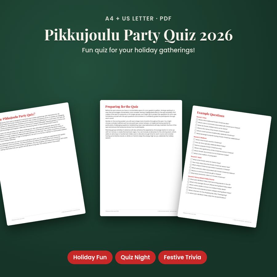 Pikkujoulu Party Quiz 2026 | Printable PDF, A4 + US Letter