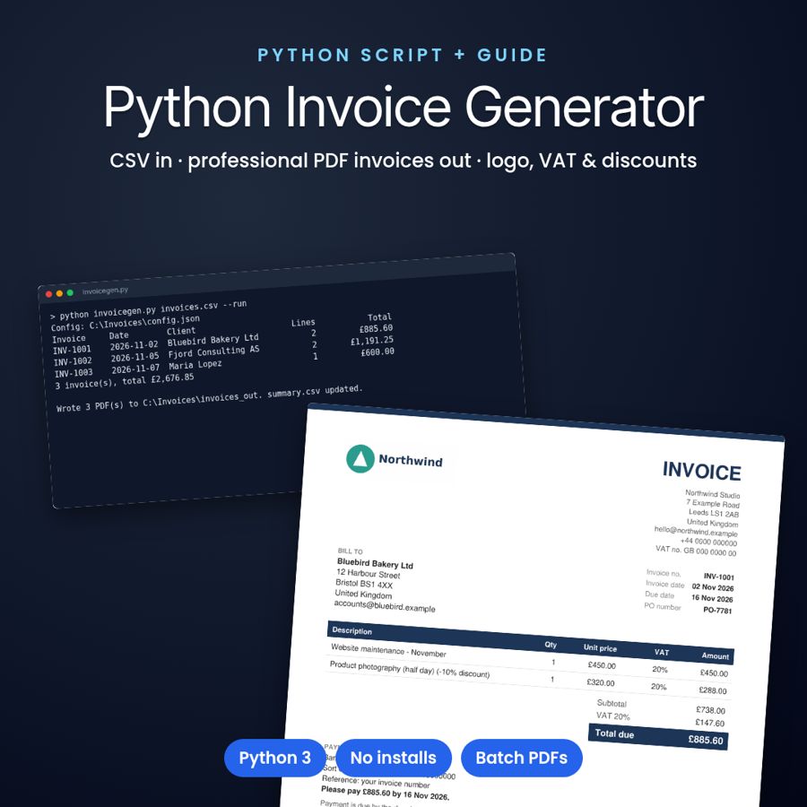Python Invoice Generator | CSV to PDF Invoices, Batch + VAT