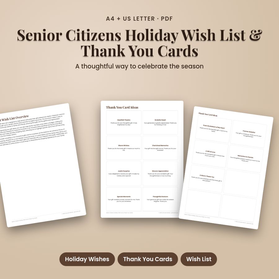 Senior Citizens Holiday Wish List & Thank You Cards | Printable PDF
