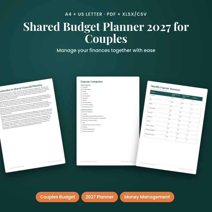 Shared Budget Planner 2027 for Couples | PDF + Excel Spreadsheet