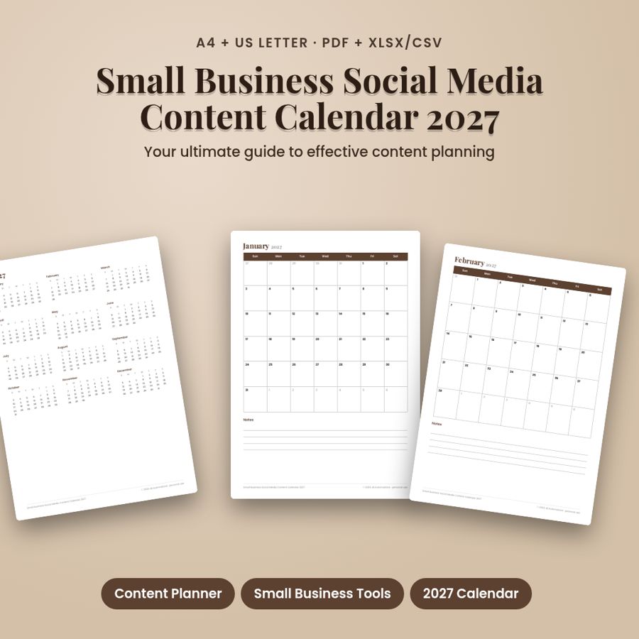Small Business Social Media Content Calendar 2027 | PDF + Excel