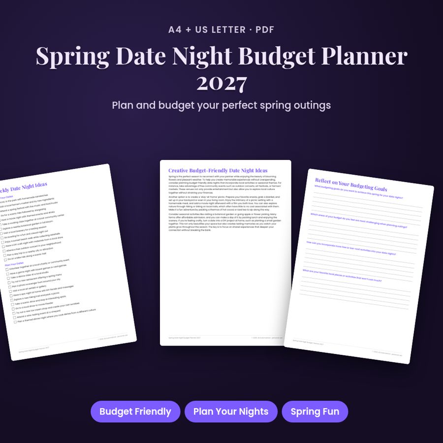 Spring Date Night Budget Planner 2027 | Printable PDF, A4 + US Letter
