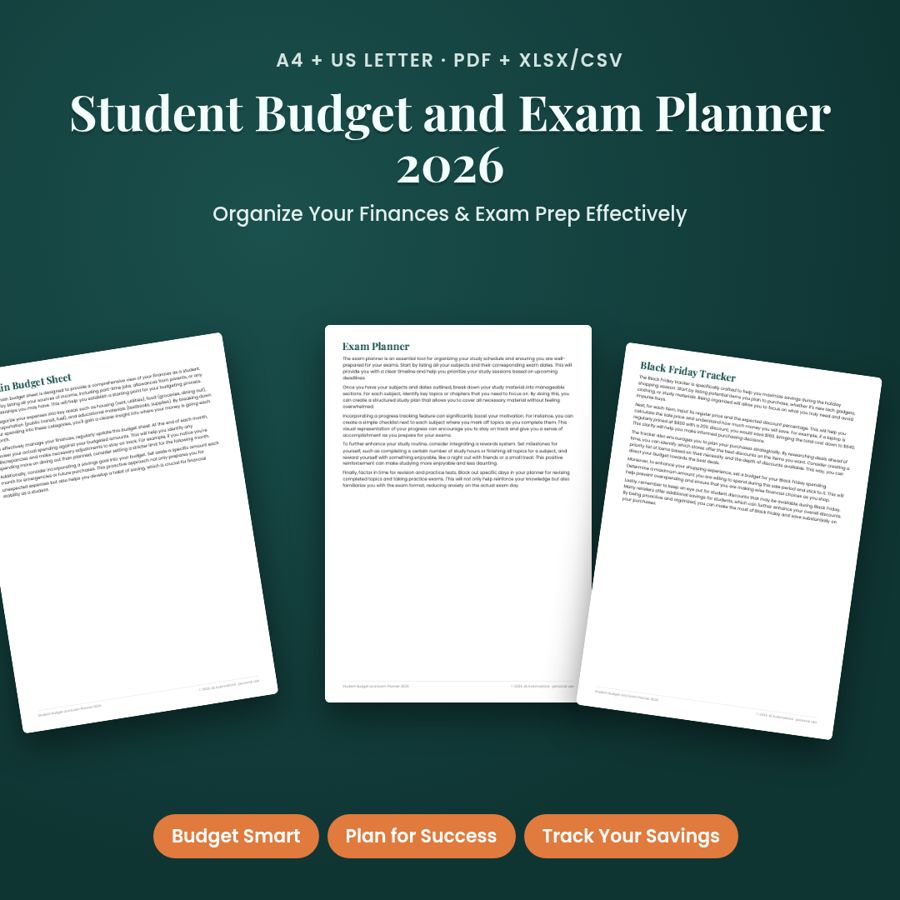 Student Budget and Exam Planner 2026 | Printable PDF + Excel Template