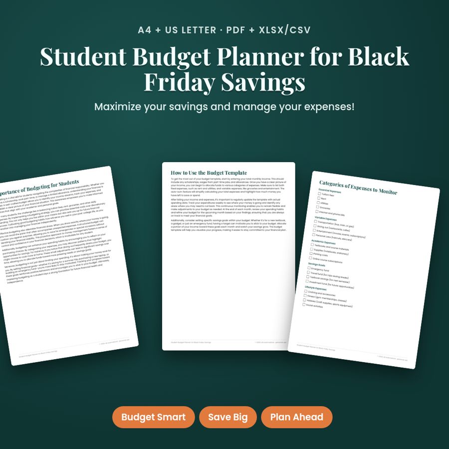 Student Budget Planner for Black Friday Savings | PDF + Excel