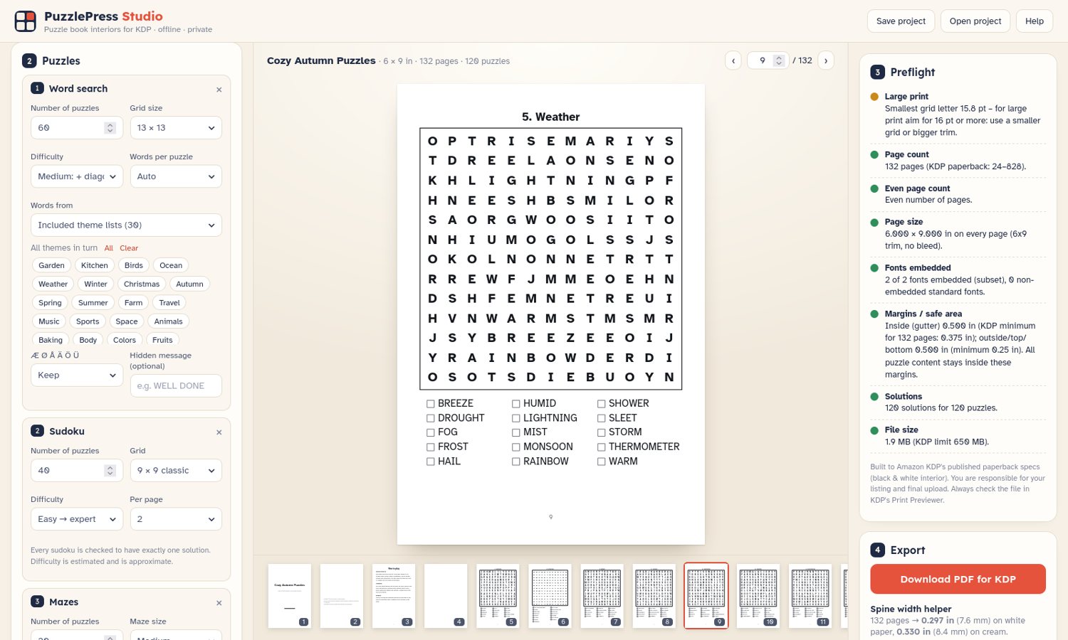 PuzzlePress Studio with a word search page and the preflight list