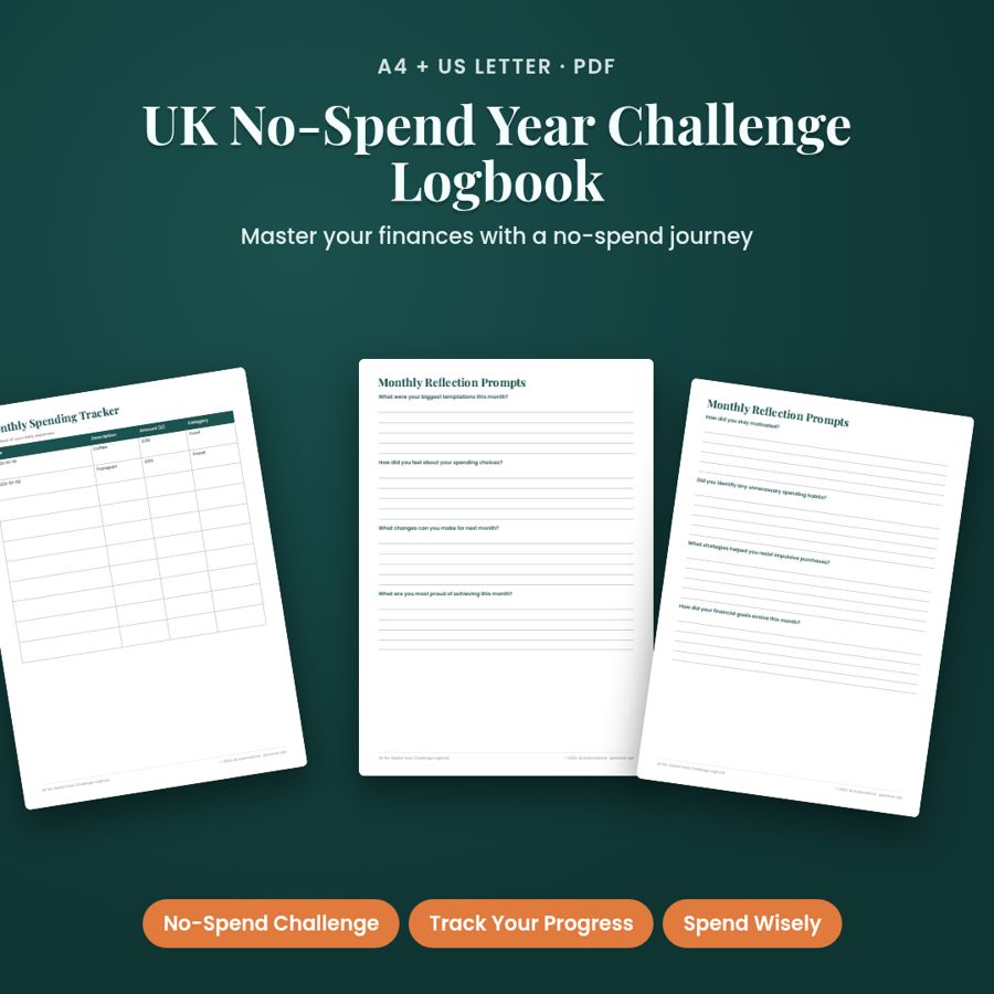 UK No-Spend Year Challenge Logbook | Printable PDF, A4 + US Letter