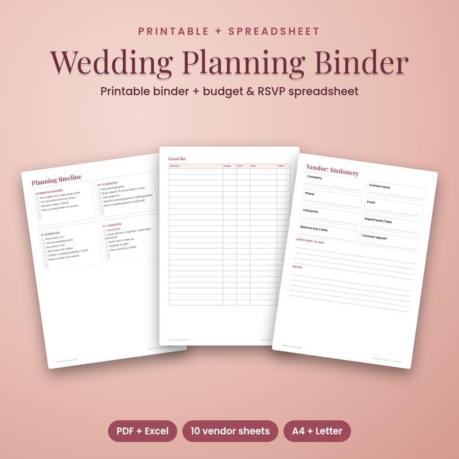 Wedding Planner Binder 2027 | Printable + Budget & Guest List Sheet